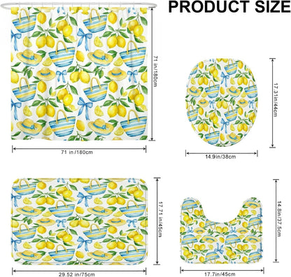 Lemon Shower Curtain Sets, Summer Tropical Straw Hat Basket Summer Yellow Polyester Waterproof Bathroom Bathtub Shower Curtain Sets with Rugs for Bathtub Toile Guest Room Decor 72x72 Inch