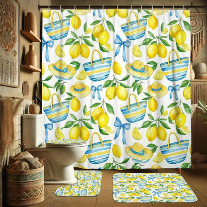 Lemon Shower Curtain Sets, Summer Tropical Straw Hat Basket Summer Yellow Polyester Waterproof Bathroom Bathtub Shower Curtain Sets with Rugs for Bathtub Toile Guest Room Decor 72x72 Inch