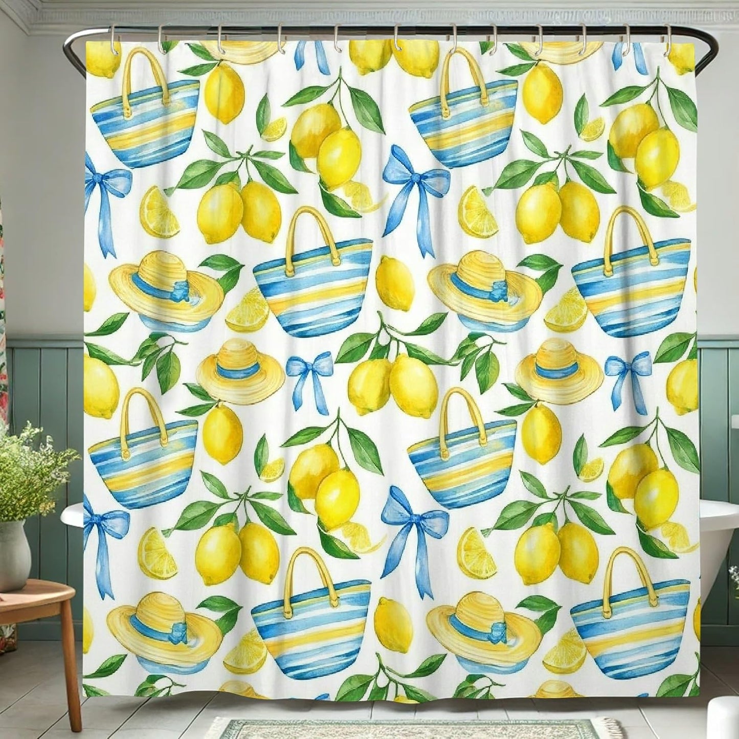 Lemon Shower Curtain Sets, Summer Tropical Straw Hat Basket Summer Yellow Polyester Waterproof Bathroom Bathtub Shower Curtain Sets with Rugs for Bathtub Toile Guest Room Decor 72x72 Inch