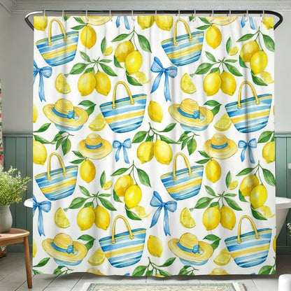 Lemon Shower Curtain Sets, Summer Tropical Straw Hat Basket Summer Yellow Polyester Waterproof Bathroom Bathtub Shower Curtain Sets with Rugs for Bathtub Toile Guest Room Decor 72x72 Inch