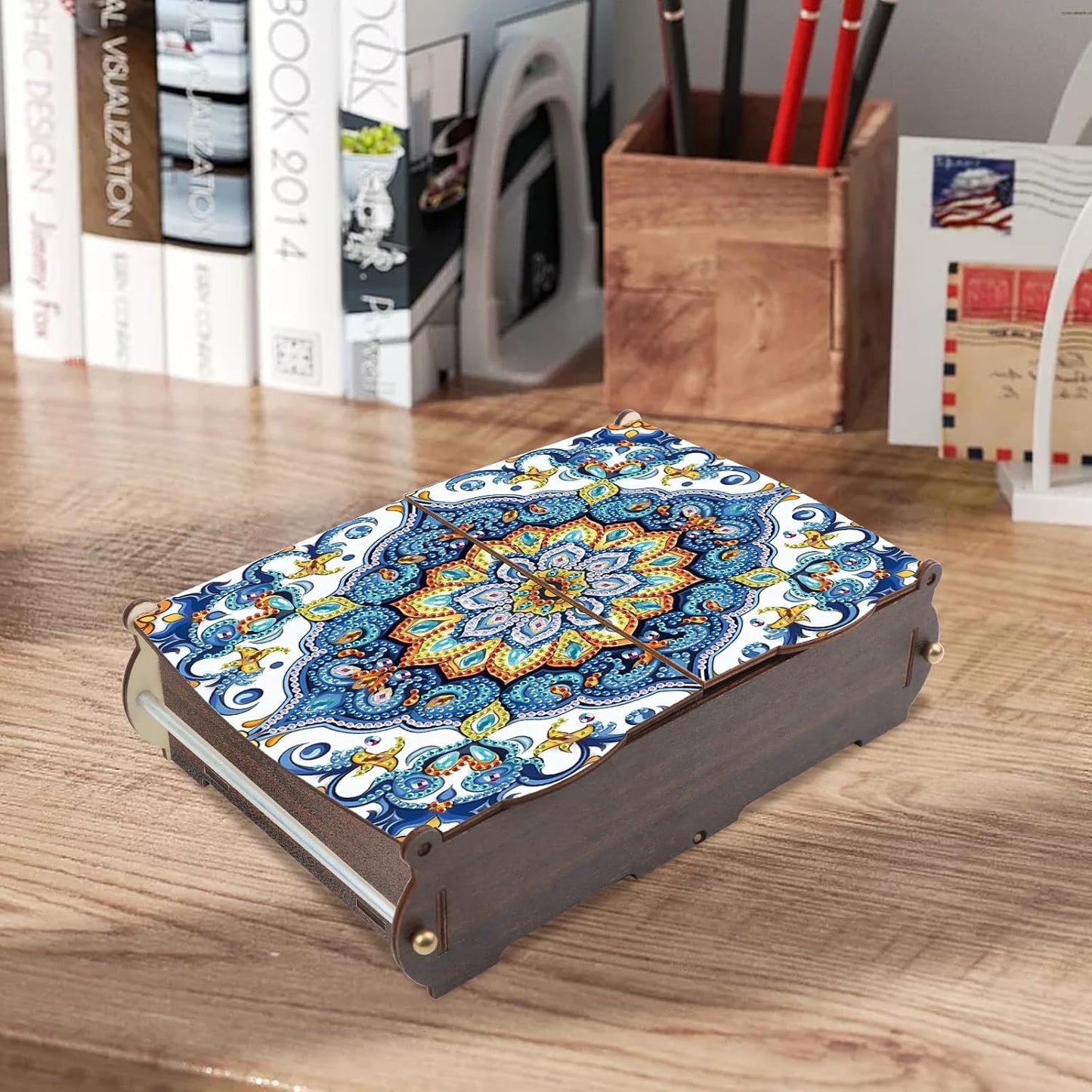 DIY Diamond Painting Wooden Storage Box, Mandala Floral Geometric Creative Special Shaped Rhinestone Diamond Art Organizer Box with Flip Lid, Handmade Art Desktop Decorations Gift for Adults