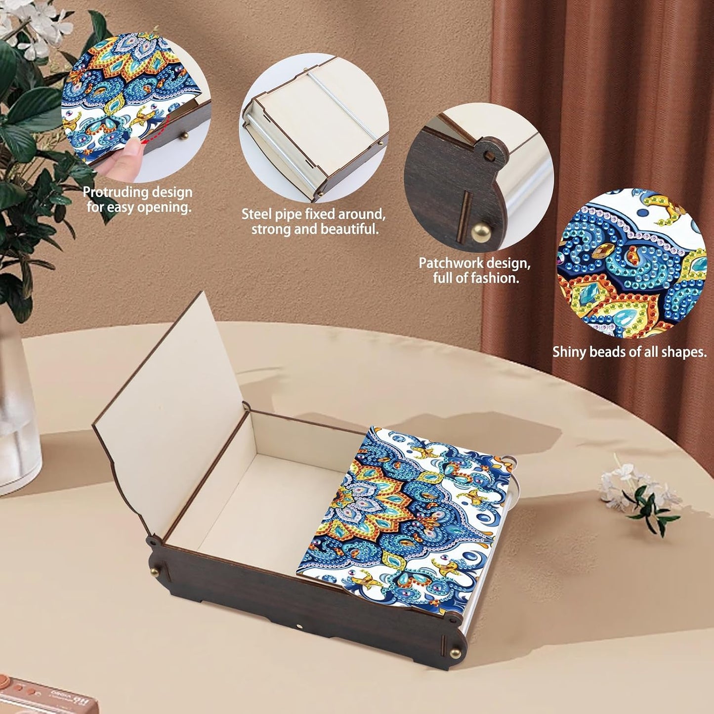 DIY Diamond Painting Wooden Storage Box, Mandala Floral Geometric Creative Special Shaped Rhinestone Diamond Art Organizer Box with Flip Lid, Handmade Art Desktop Decorations Gift for Adults