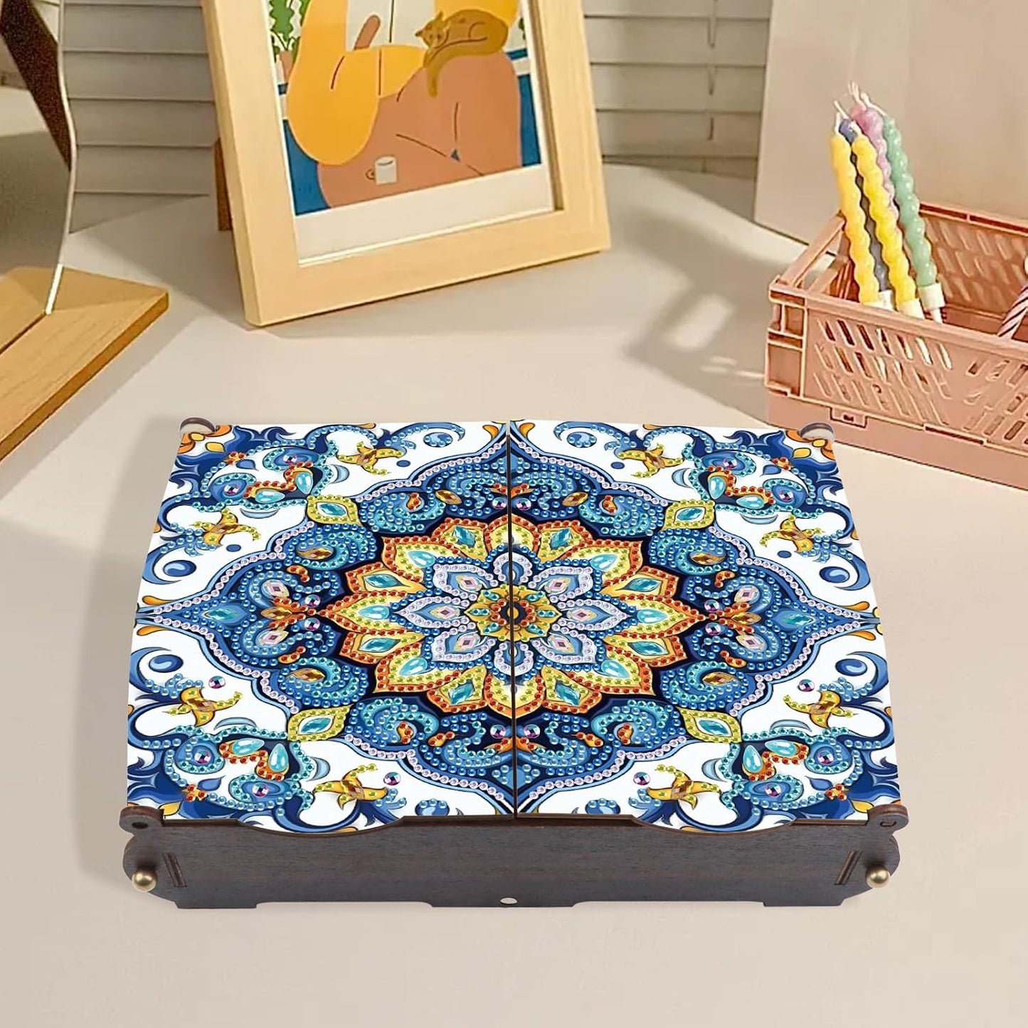 DIY Diamond Painting Wooden Storage Box, Mandala Floral Geometric Creative Special Shaped Rhinestone Diamond Art Organizer Box with Flip Lid, Handmade Art Desktop Decorations Gift for Adults