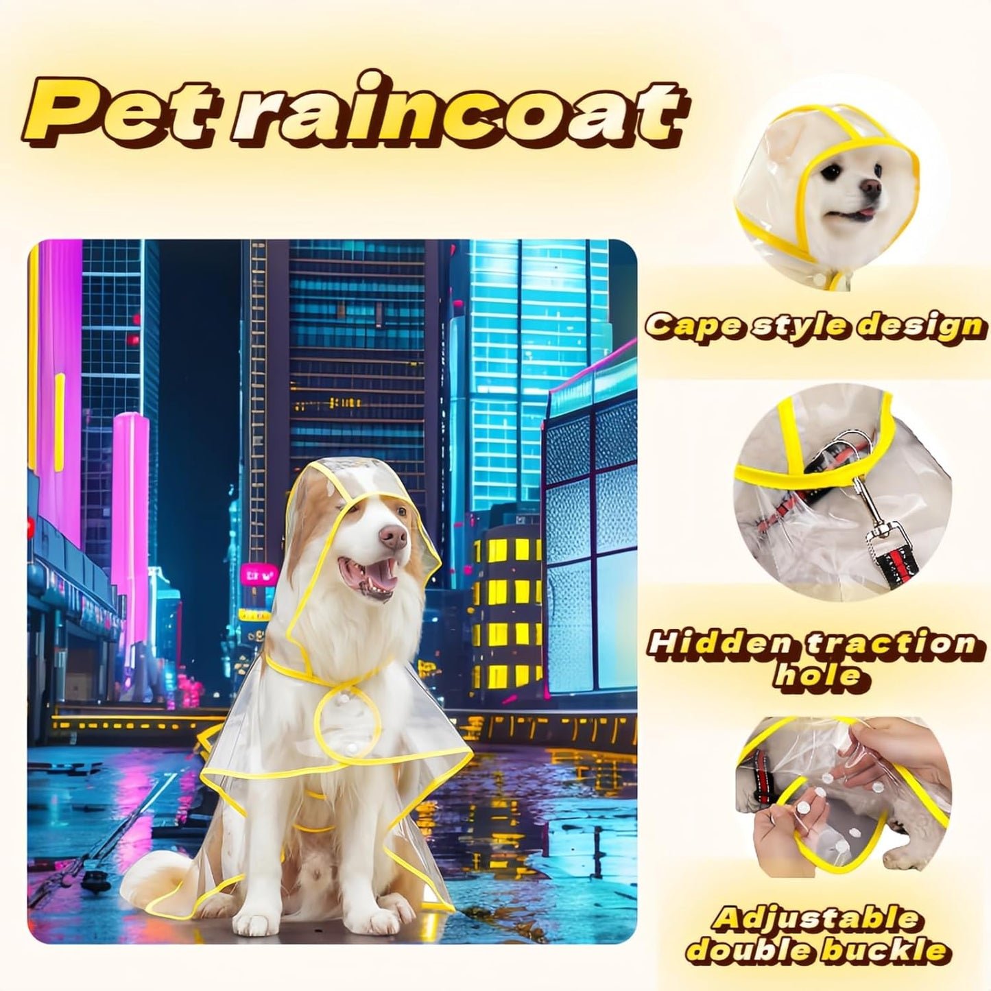 Clear Dog Raincoat, Transparent PVC Cape Style Pet Rain Jacket with Hidden Leash Hole, Adjustable Double Buckle for Medium-Sized Dogs (Yellow, 3X-Large)