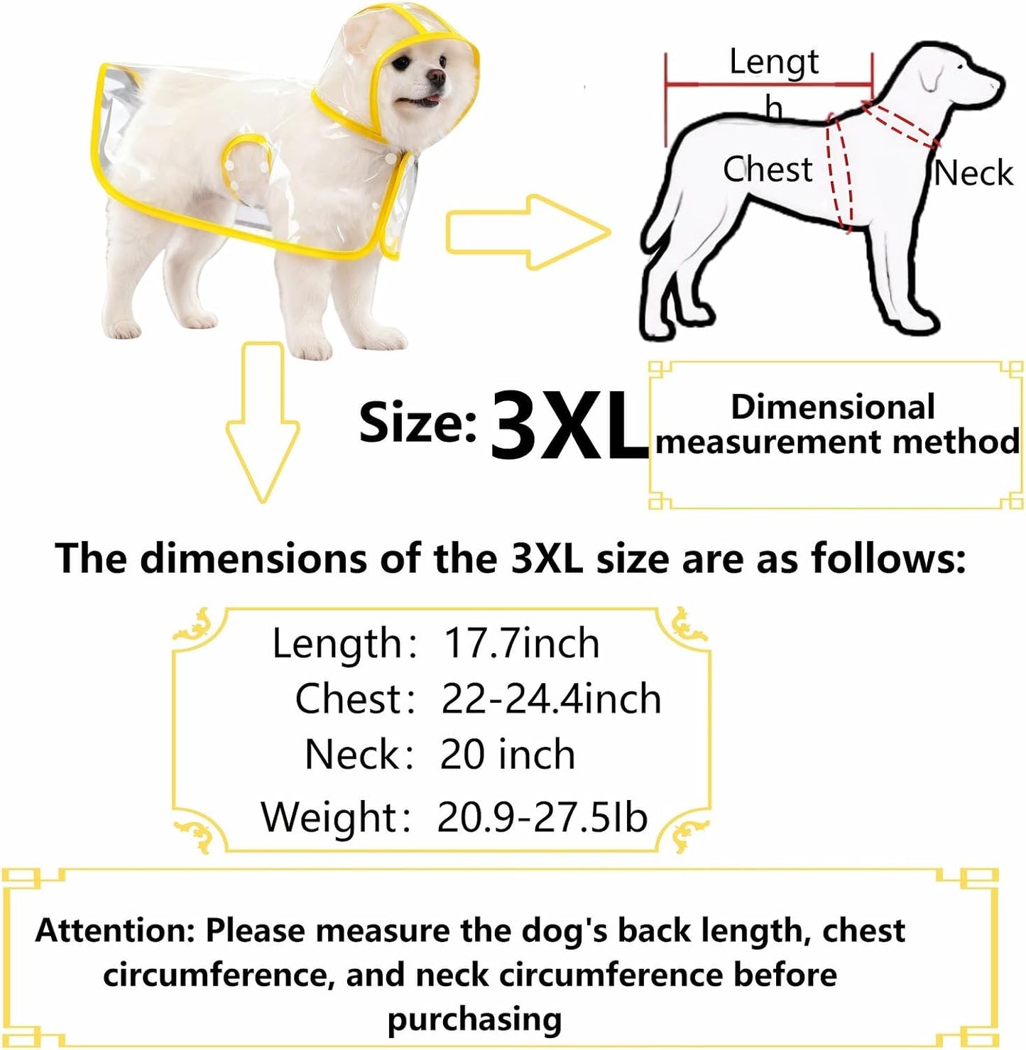 Clear Dog Raincoat, Transparent PVC Cape Style Pet Rain Jacket with Hidden Leash Hole, Adjustable Double Buckle for Medium-Sized Dogs (Yellow, 3X-Large)