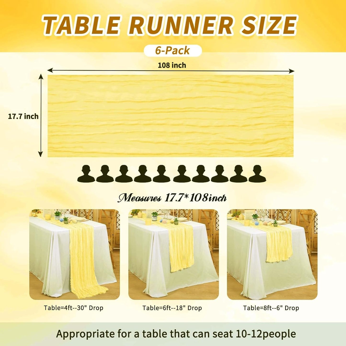 6 Pack Light Yellow Cheesecloth Table Runner, Long Romantic Semi Sheer Rustic Boho Gauze Table Runners for Wedding Bridal Shower Birthday Party Decorations(17.7×108 Inch)