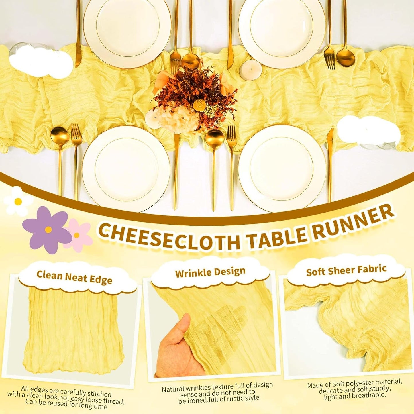 6 Pack Light Yellow Cheesecloth Table Runner, Long Romantic Semi Sheer Rustic Boho Gauze Table Runners for Wedding Bridal Shower Birthday Party Decorations(17.7×108 Inch)