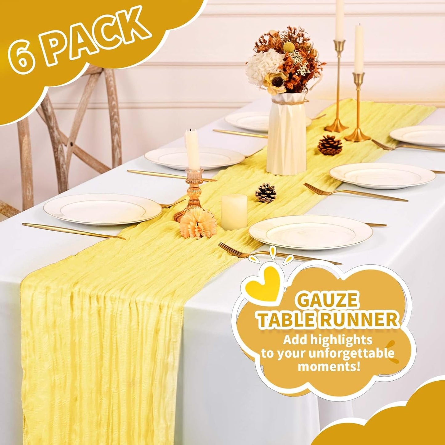 6 Pack Light Yellow Cheesecloth Table Runner, Long Romantic Semi Sheer Rustic Boho Gauze Table Runners for Wedding Bridal Shower Birthday Party Decorations(17.7×108 Inch)