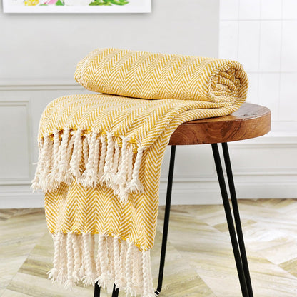 Herringbone Knitted Two Tone Throw Blankets with Braided Tassel Fringe, Boho Farmhouse Lightweight Turkish Throw Blanket for Couch Bed Sofa, Picnic, Yoga, Outdoor Blanket, 50 x 60 Inch, Yellow