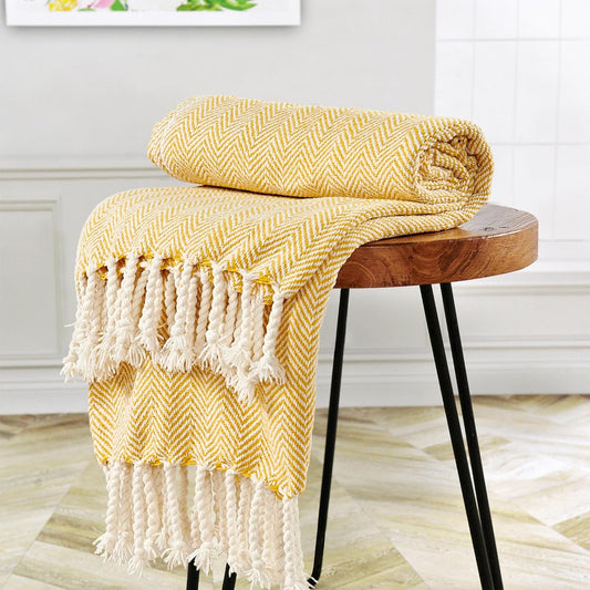 Herringbone Knitted Two Tone Throw Blankets with Braided Tassel Fringe, Boho Farmhouse Lightweight Turkish Throw Blanket for Couch Bed Sofa, Picnic, Yoga, Outdoor Blanket, 50 x 60 Inch, Yellow