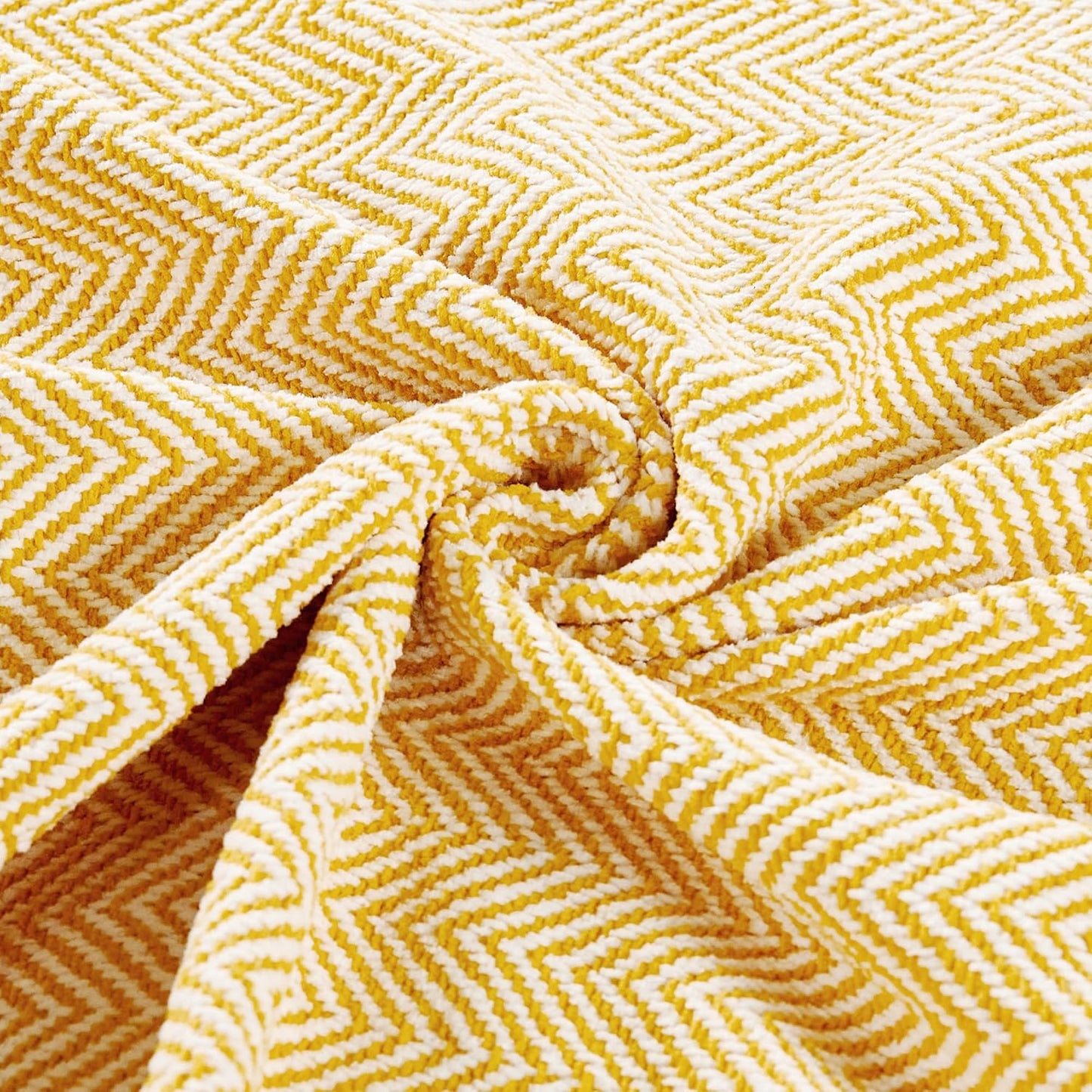 Herringbone Knitted Two Tone Throw Blankets with Braided Tassel Fringe, Boho Farmhouse Lightweight Turkish Throw Blanket for Couch Bed Sofa, Picnic, Yoga, Outdoor Blanket, 50 x 60 Inch, Yellow