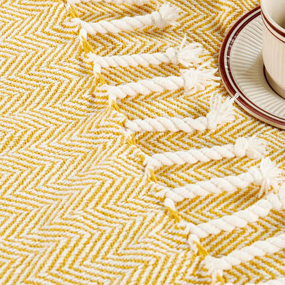 Herringbone Knitted Two Tone Throw Blankets with Braided Tassel Fringe, Boho Farmhouse Lightweight Turkish Throw Blanket for Couch Bed Sofa, Picnic, Yoga, Outdoor Blanket, 50 x 60 Inch, Yellow