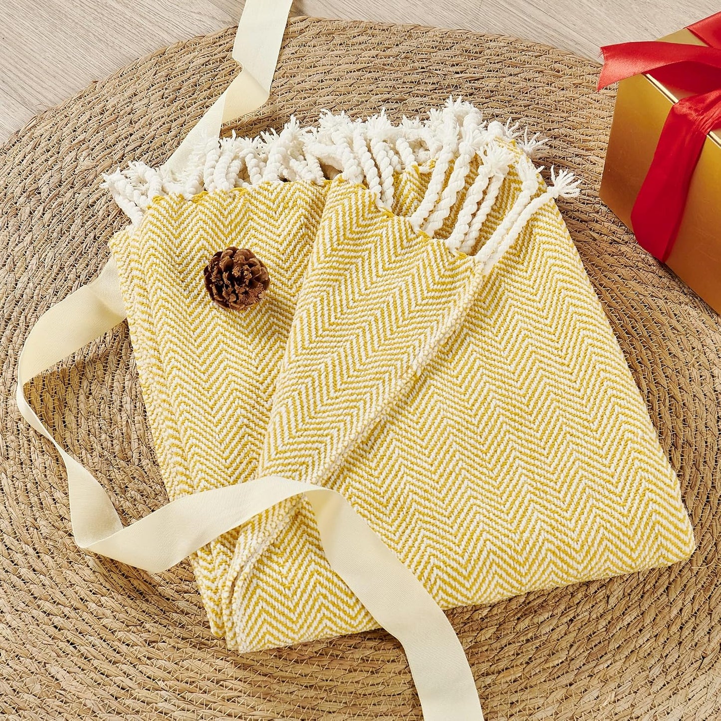 Herringbone Knitted Two Tone Throw Blankets with Braided Tassel Fringe, Boho Farmhouse Lightweight Turkish Throw Blanket for Couch Bed Sofa, Picnic, Yoga, Outdoor Blanket, 50 x 60 Inch, Yellow