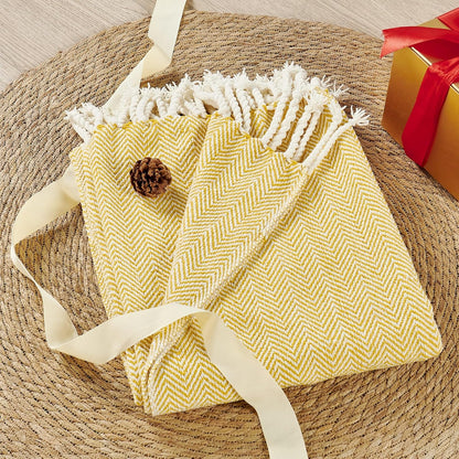 Herringbone Knitted Two Tone Throw Blankets with Braided Tassel Fringe, Boho Farmhouse Lightweight Turkish Throw Blanket for Couch Bed Sofa, Picnic, Yoga, Outdoor Blanket, 50 x 60 Inch, Yellow