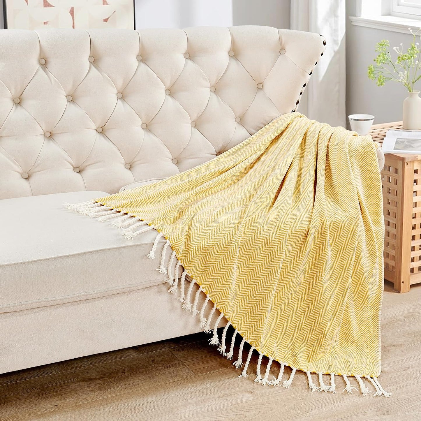 Herringbone Knitted Two Tone Throw Blankets with Braided Tassel Fringe, Boho Farmhouse Lightweight Turkish Throw Blanket for Couch Bed Sofa, Picnic, Yoga, Outdoor Blanket, 50 x 60 Inch, Yellow