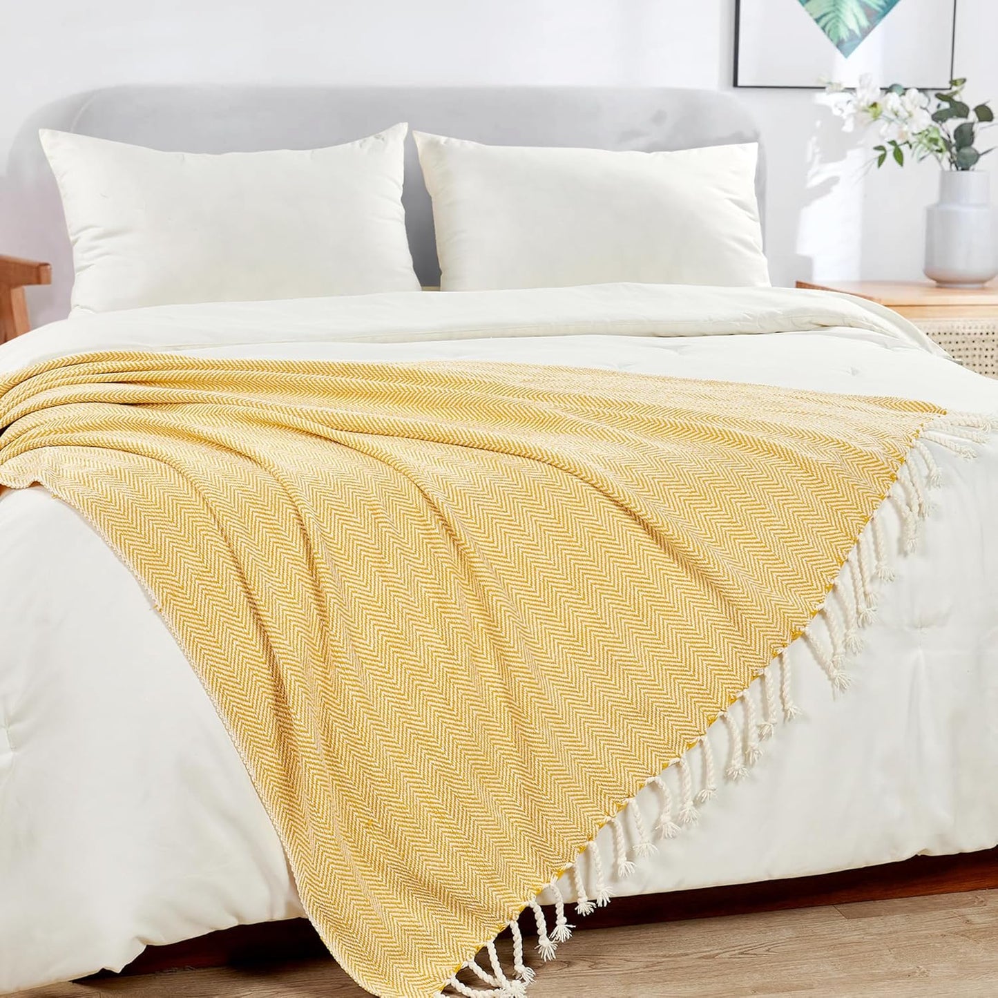 Herringbone Knitted Two Tone Throw Blankets with Braided Tassel Fringe, Boho Farmhouse Lightweight Turkish Throw Blanket for Couch Bed Sofa, Picnic, Yoga, Outdoor Blanket, 50 x 60 Inch, Yellow