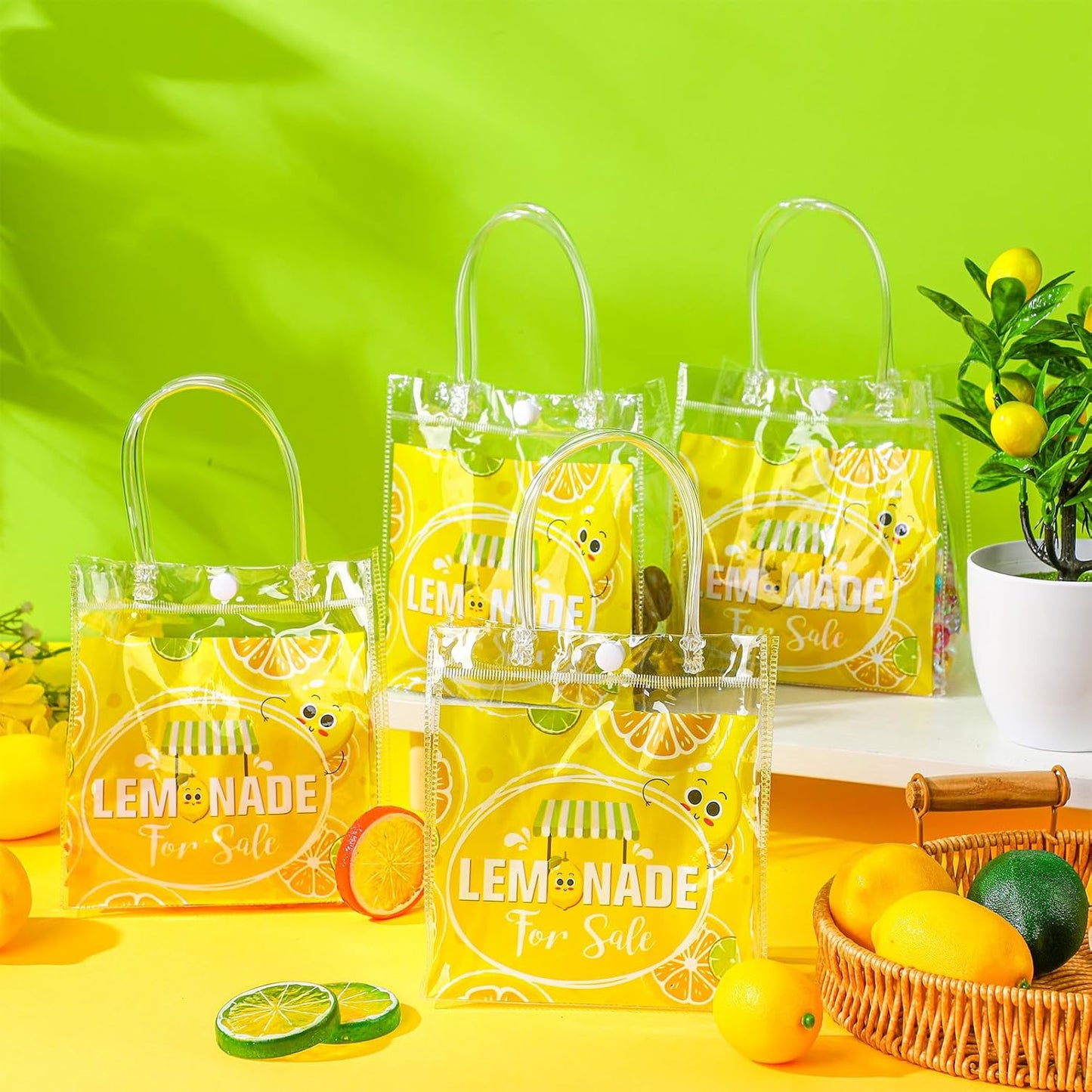 24 Pcs Lemon Party Favors Gift Bags PVC Lemonade Goodie Snack Candy Treat Bags with Handles for Summer Wedding Birthday Baby Shower Lemonade Stand Party Decorations Supplies