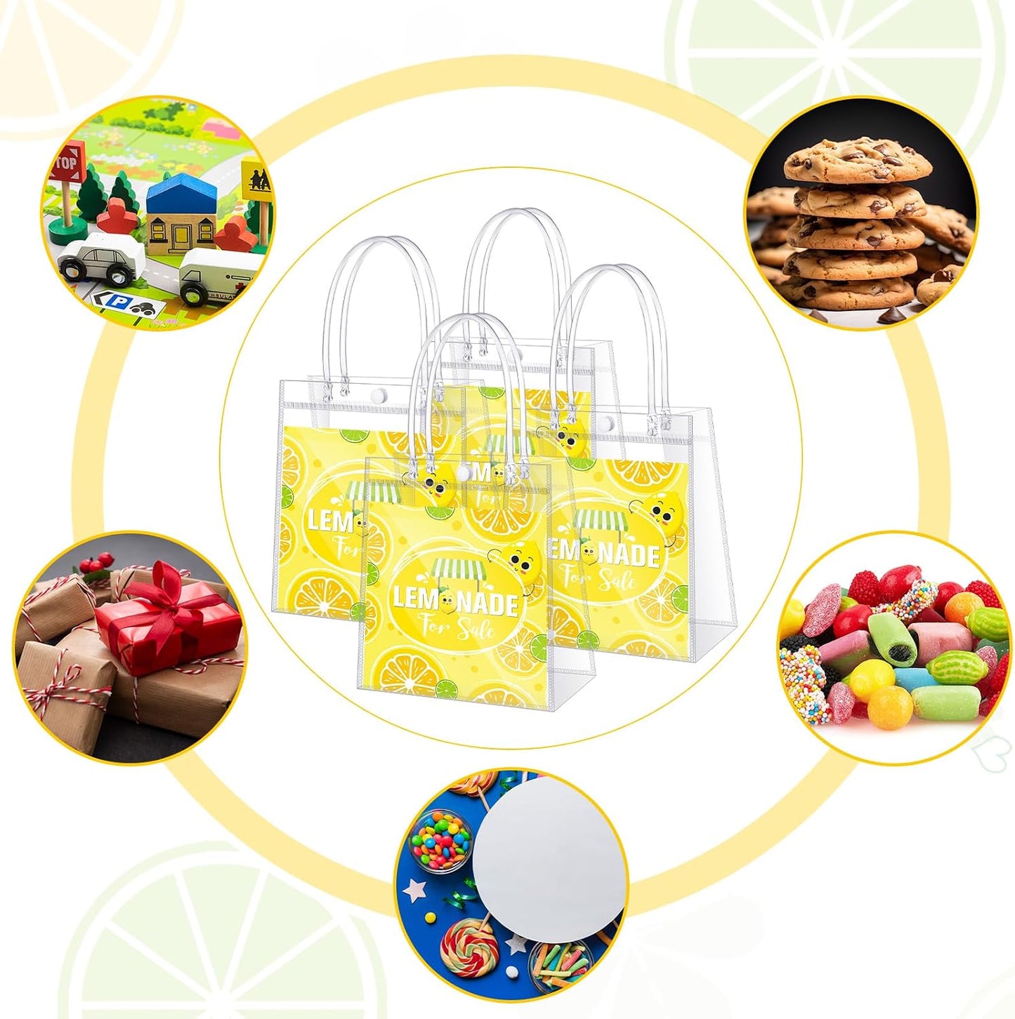 24 Pcs Lemon Party Favors Gift Bags PVC Lemonade Goodie Snack Candy Treat Bags with Handles for Summer Wedding Birthday Baby Shower Lemonade Stand Party Decorations Supplies