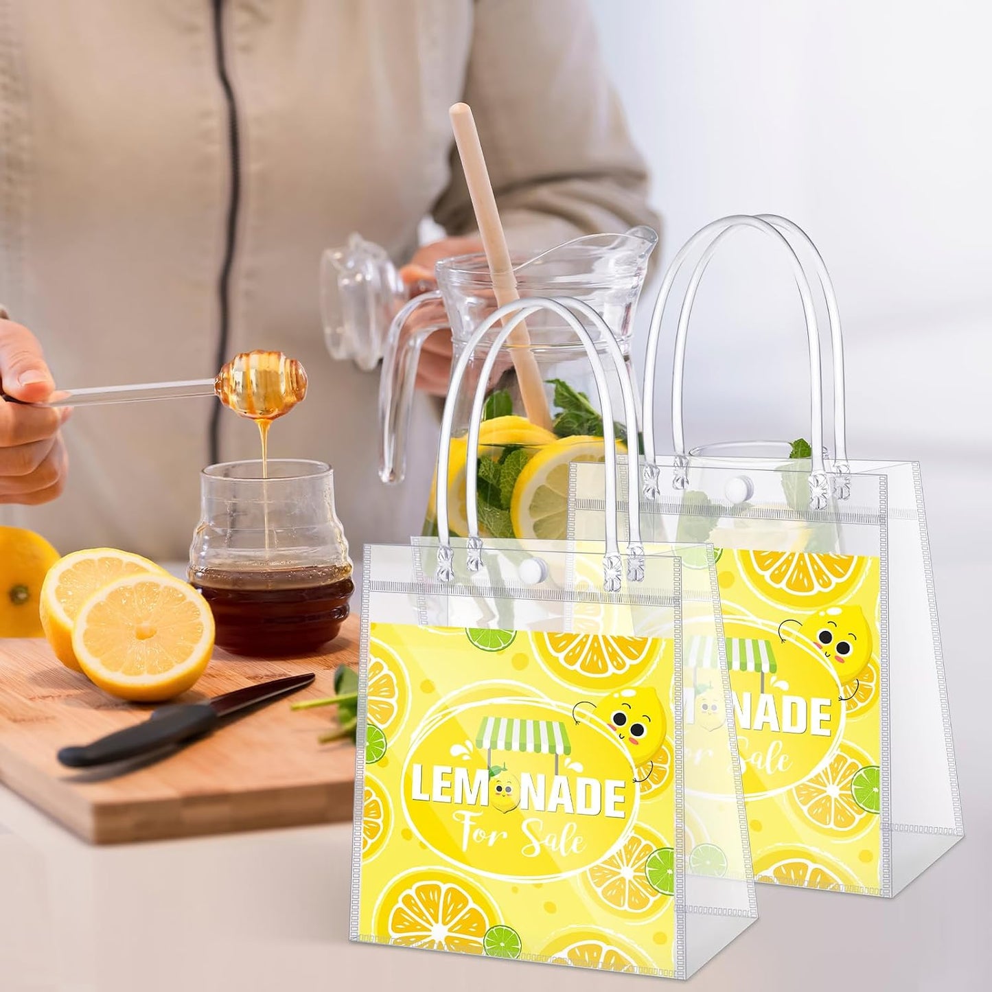 24 Pcs Lemon Party Favors Gift Bags PVC Lemonade Goodie Snack Candy Treat Bags with Handles for Summer Wedding Birthday Baby Shower Lemonade Stand Party Decorations Supplies