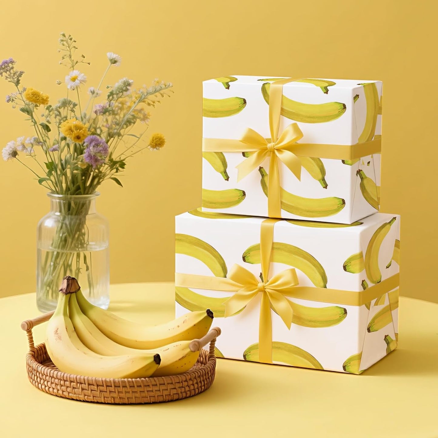 Banana Wrapping Paper Roll - Mini Roll - 17 Inch x 16.5 Feet - Bright Banana Tropical Fruits Wrapping Paper for Birthday, Baby Shower, Wedding, Spring Summer Party