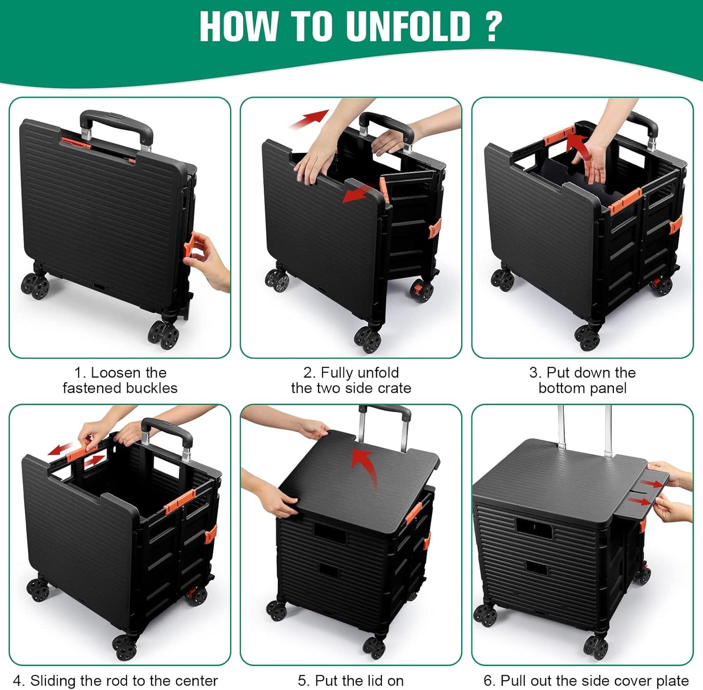 Foldable Utility Cart Folding Portable Rolling Crate Handcart Shopping Trolley Wheel Box with Lid Wear-Resistant Noiseless 360°Rotate Wheel for Travel Shopping Moving Storage Office Use (Yellow)