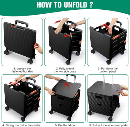 Foldable Utility Cart Folding Portable Rolling Crate Handcart Shopping Trolley Wheel Box with Lid Wear-Resistant Noiseless 360°Rotate Wheel for Travel Shopping Moving Storage Office Use (Yellow)