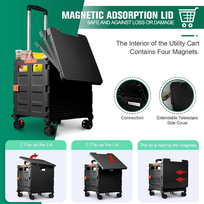 Foldable Utility Cart Folding Portable Rolling Crate Handcart Shopping Trolley Wheel Box with Lid Wear-Resistant Noiseless 360°Rotate Wheel for Travel Shopping Moving Storage Office Use (Yellow)