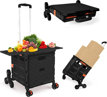 Foldable Utility Cart Folding Portable Rolling Crate Handcart Shopping Trolley Wheel Box with Lid Wear-Resistant Noiseless 360°Rotate Wheel for Travel Shopping Moving Storage Office Use (Yellow)