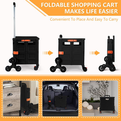 Foldable Utility Cart Folding Portable Rolling Crate Handcart Shopping Trolley Wheel Box with Lid Wear-Resistant Noiseless 360°Rotate Wheel for Travel Shopping Moving Storage Office Use (Yellow)