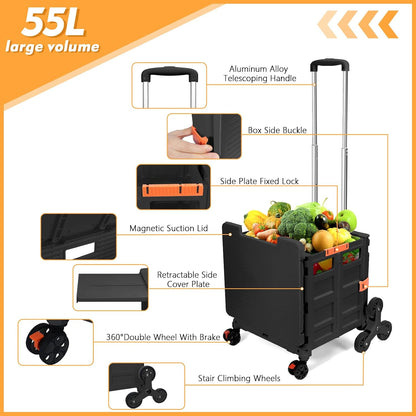 Foldable Utility Cart Folding Portable Rolling Crate Handcart Shopping Trolley Wheel Box with Lid Wear-Resistant Noiseless 360°Rotate Wheel for Travel Shopping Moving Storage Office Use (Yellow)