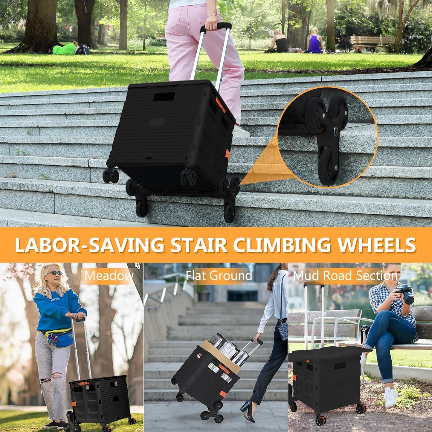 Foldable Utility Cart Folding Portable Rolling Crate Handcart Shopping Trolley Wheel Box with Lid Wear-Resistant Noiseless 360°Rotate Wheel for Travel Shopping Moving Storage Office Use (Yellow)