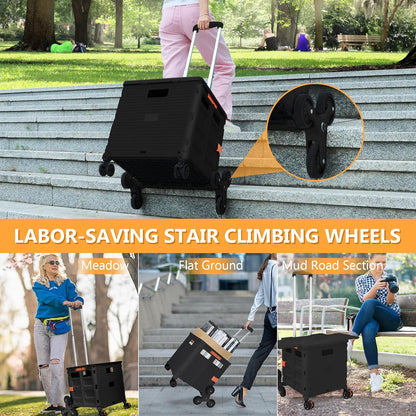 Foldable Utility Cart Folding Portable Rolling Crate Handcart Shopping Trolley Wheel Box with Lid Wear-Resistant Noiseless 360°Rotate Wheel for Travel Shopping Moving Storage Office Use (Yellow)