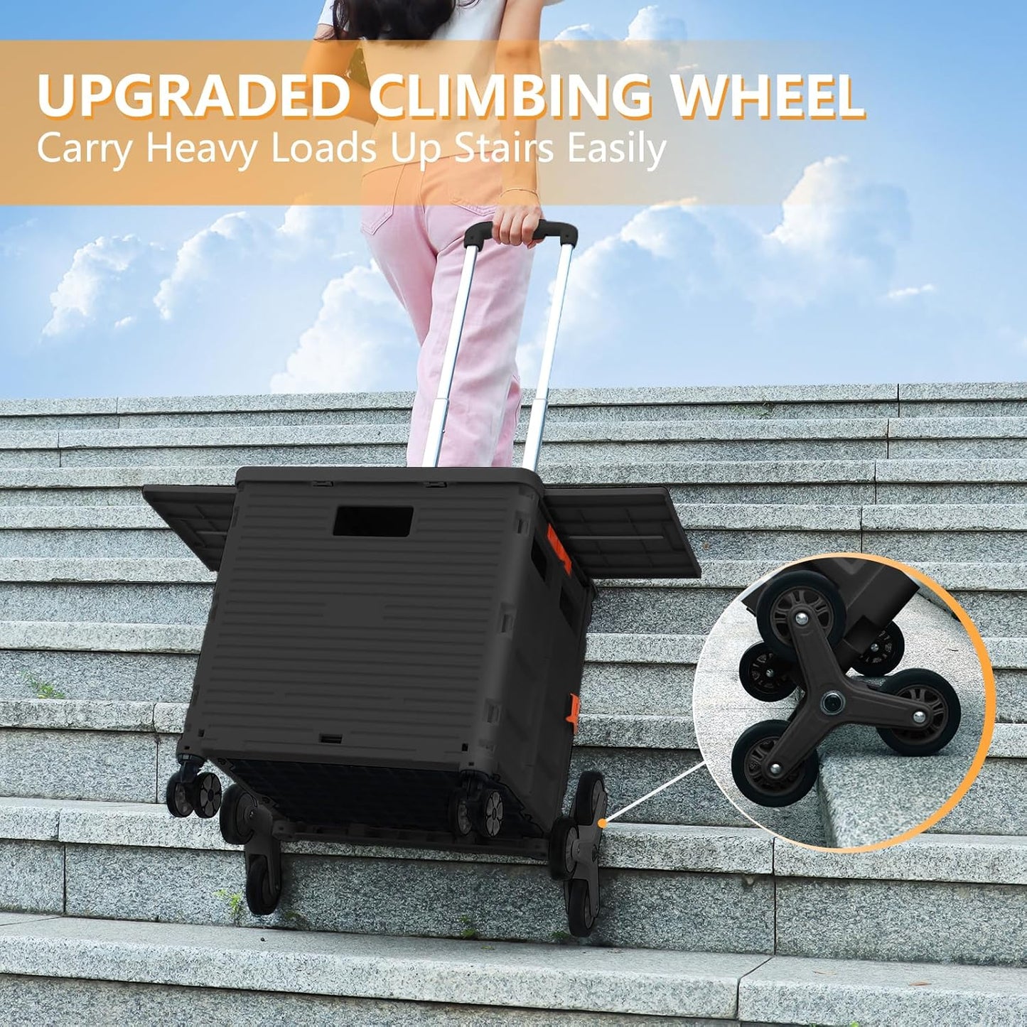 Foldable Utility Cart Folding Portable Rolling Crate Handcart Shopping Trolley Wheel Box with Lid Wear-Resistant Noiseless 360°Rotate Wheel for Travel Shopping Moving Storage Office Use (Yellow)