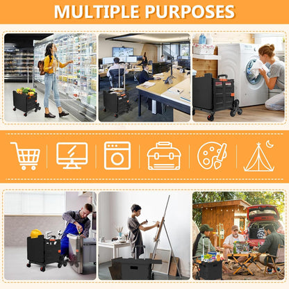Foldable Utility Cart Folding Portable Rolling Crate Handcart Shopping Trolley Wheel Box with Lid Wear-Resistant Noiseless 360°Rotate Wheel for Travel Shopping Moving Storage Office Use (Yellow)