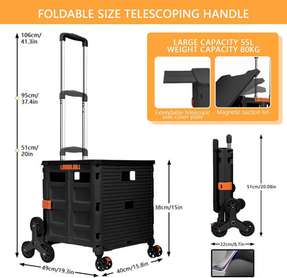 Foldable Utility Cart Folding Portable Rolling Crate Handcart Shopping Trolley Wheel Box with Lid Wear-Resistant Noiseless 360°Rotate Wheel for Travel Shopping Moving Storage Office Use (Yellow)