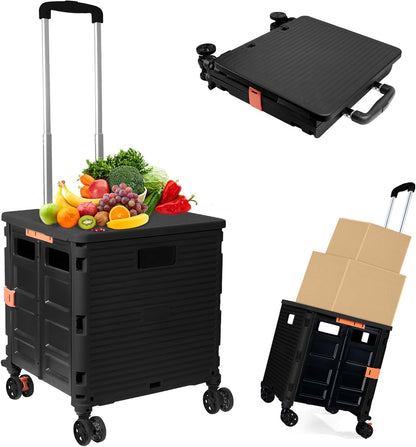 Foldable Utility Cart Folding Portable Rolling Crate Handcart Shopping Trolley Wheel Box with Lid Wear-Resistant Noiseless 360°Rotate Wheel for Travel Shopping Moving Storage Office Use (Yellow)
