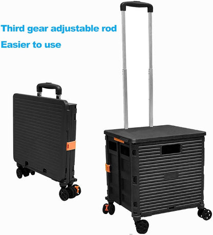 Foldable Utility Cart Folding Portable Rolling Crate Handcart Shopping Trolley Wheel Box with Lid Wear-Resistant Noiseless 360°Rotate Wheel for Travel Shopping Moving Storage Office Use (Yellow)