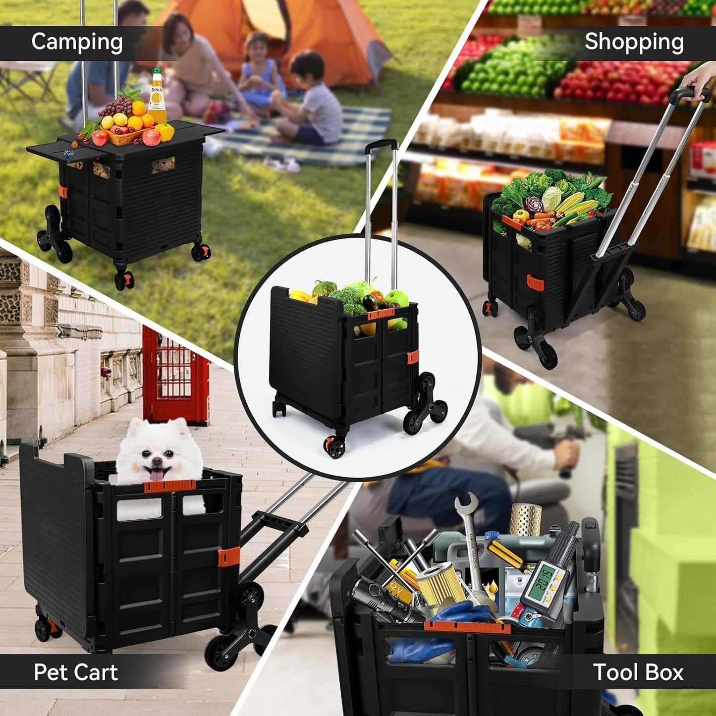 Foldable Utility Cart Folding Portable Rolling Crate Handcart Shopping Trolley Wheel Box with Lid Wear-Resistant Noiseless 360°Rotate Wheel for Travel Shopping Moving Storage Office Use (Yellow)