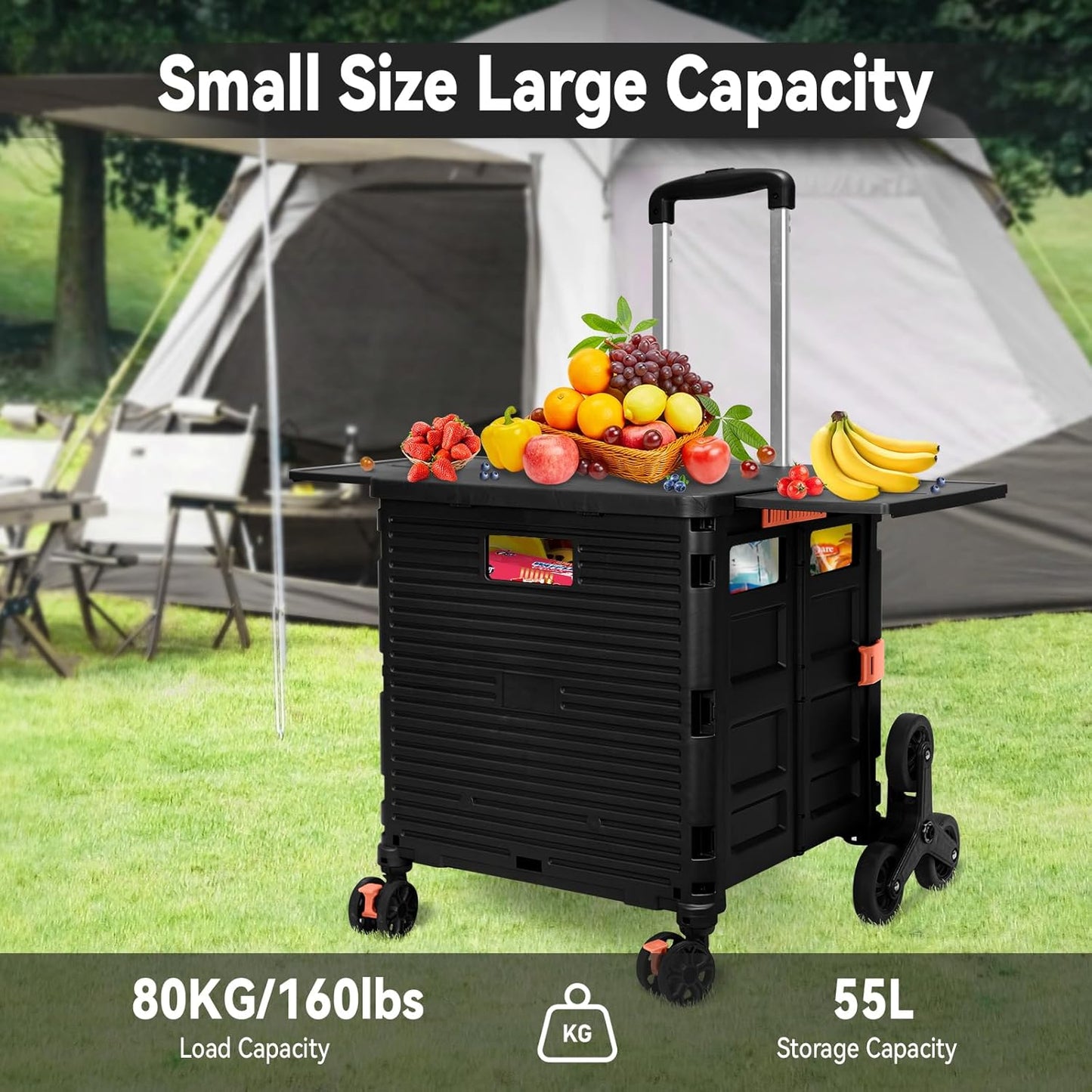 Foldable Utility Cart Folding Portable Rolling Crate Handcart Shopping Trolley Wheel Box with Lid Wear-Resistant Noiseless 360°Rotate Wheel for Travel Shopping Moving Storage Office Use (Yellow)