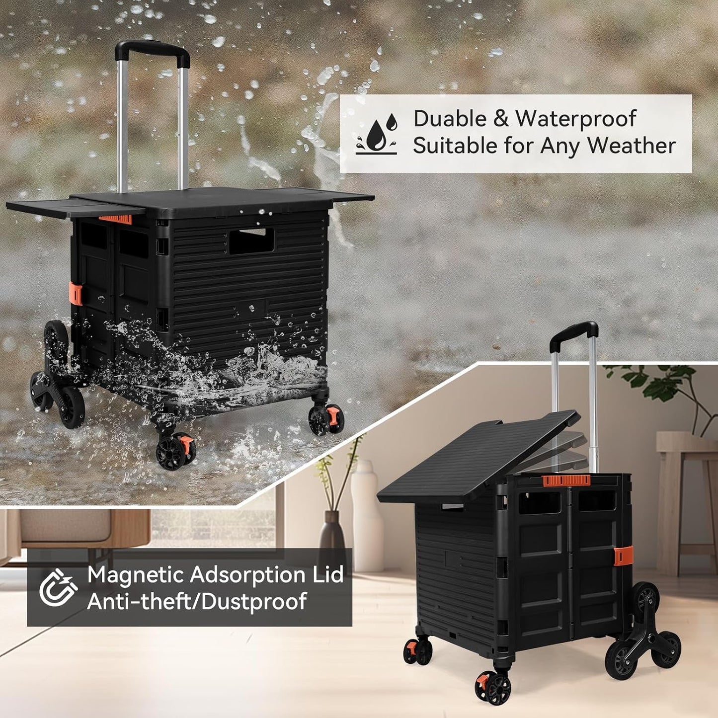 Foldable Utility Cart Folding Portable Rolling Crate Handcart Shopping Trolley Wheel Box with Lid Wear-Resistant Noiseless 360°Rotate Wheel for Travel Shopping Moving Storage Office Use (Yellow)