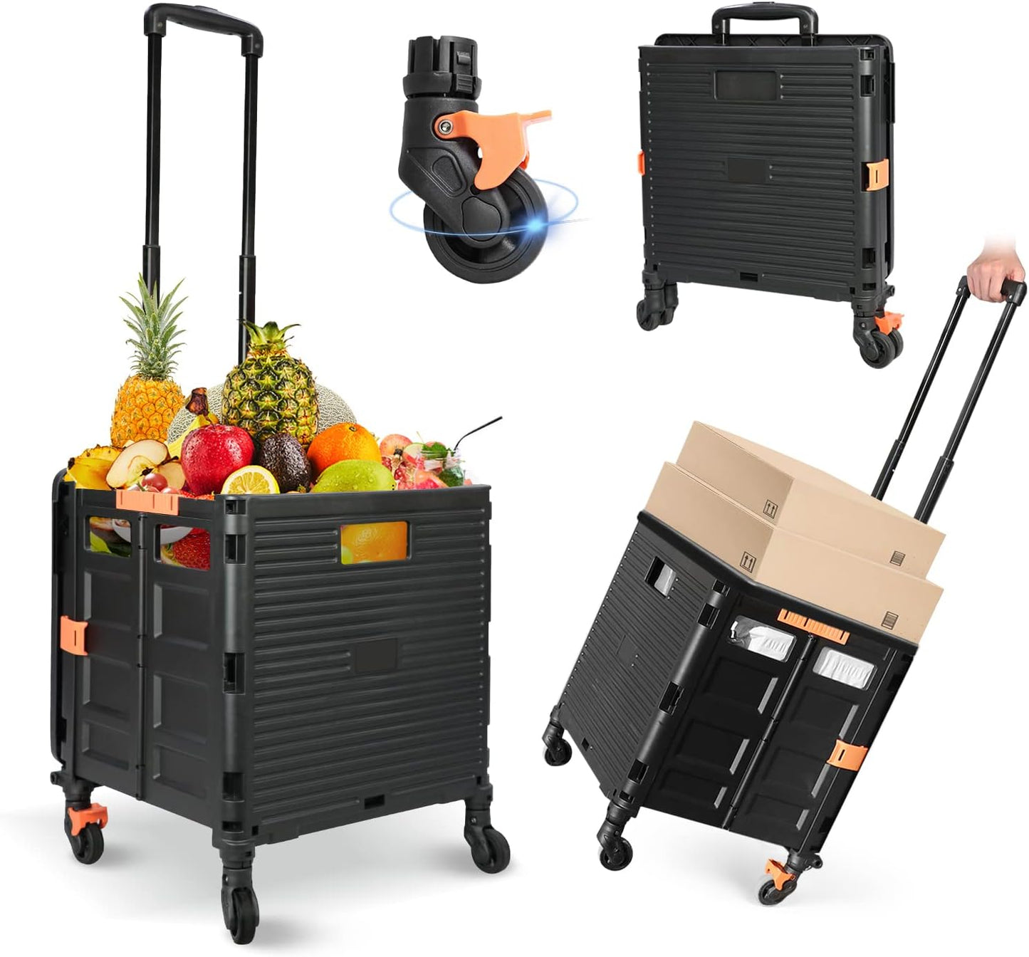 Foldable Utility Cart Folding Portable Rolling Crate Handcart Shopping Trolley Wheel Box with Lid Wear-Resistant Noiseless 360°Rotate Wheel for Travel Shopping Moving Storage Office Use (Yellow)