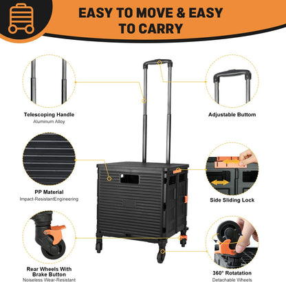 Foldable Utility Cart Folding Portable Rolling Crate Handcart Shopping Trolley Wheel Box with Lid Wear-Resistant Noiseless 360°Rotate Wheel for Travel Shopping Moving Storage Office Use (Yellow)