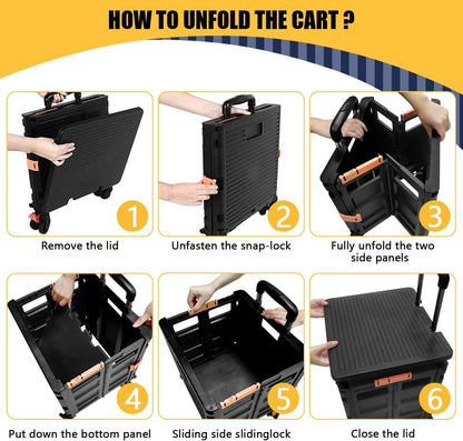 Foldable Utility Cart Folding Portable Rolling Crate Handcart Shopping Trolley Wheel Box with Lid Wear-Resistant Noiseless 360°Rotate Wheel for Travel Shopping Moving Storage Office Use (Yellow)