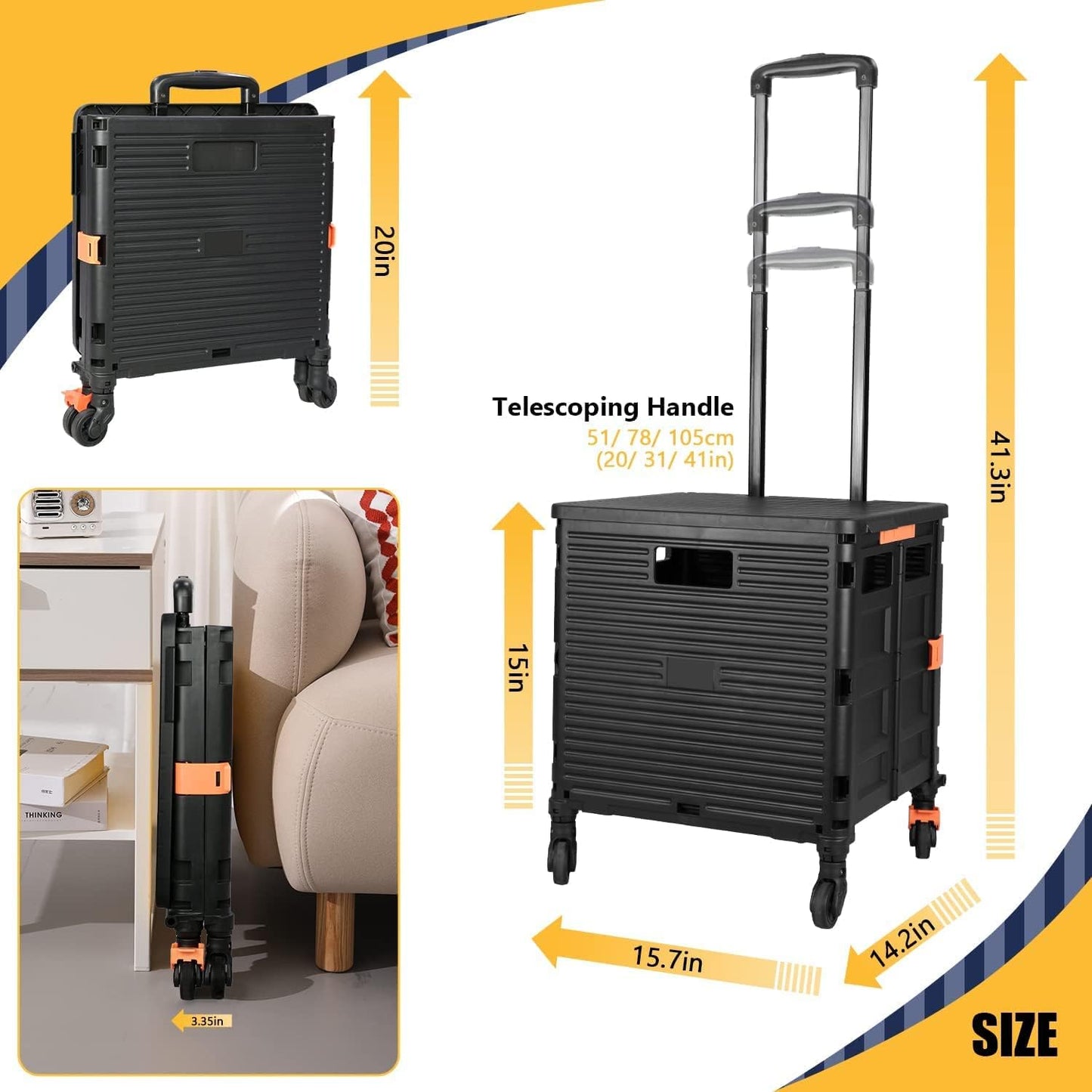 Foldable Utility Cart Folding Portable Rolling Crate Handcart Shopping Trolley Wheel Box with Lid Wear-Resistant Noiseless 360°Rotate Wheel for Travel Shopping Moving Storage Office Use (Yellow)