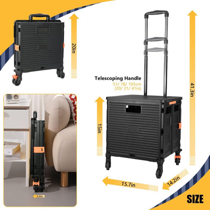 Foldable Utility Cart Folding Portable Rolling Crate Handcart Shopping Trolley Wheel Box with Lid Wear-Resistant Noiseless 360°Rotate Wheel for Travel Shopping Moving Storage Office Use (Yellow)