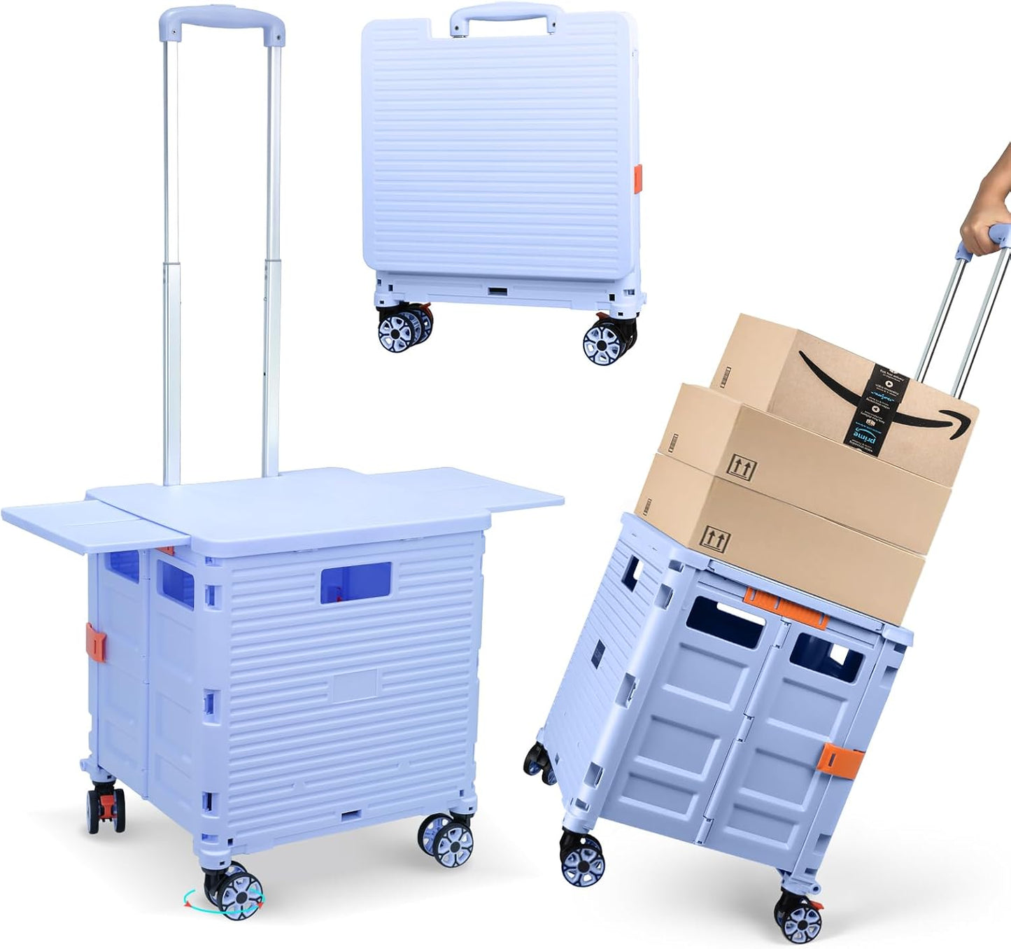 Foldable Utility Cart Folding Portable Rolling Crate Handcart Shopping Trolley Wheel Box with Lid Wear-Resistant Noiseless 360°Rotate Wheel for Travel Shopping Moving Storage Office Use (Yellow)