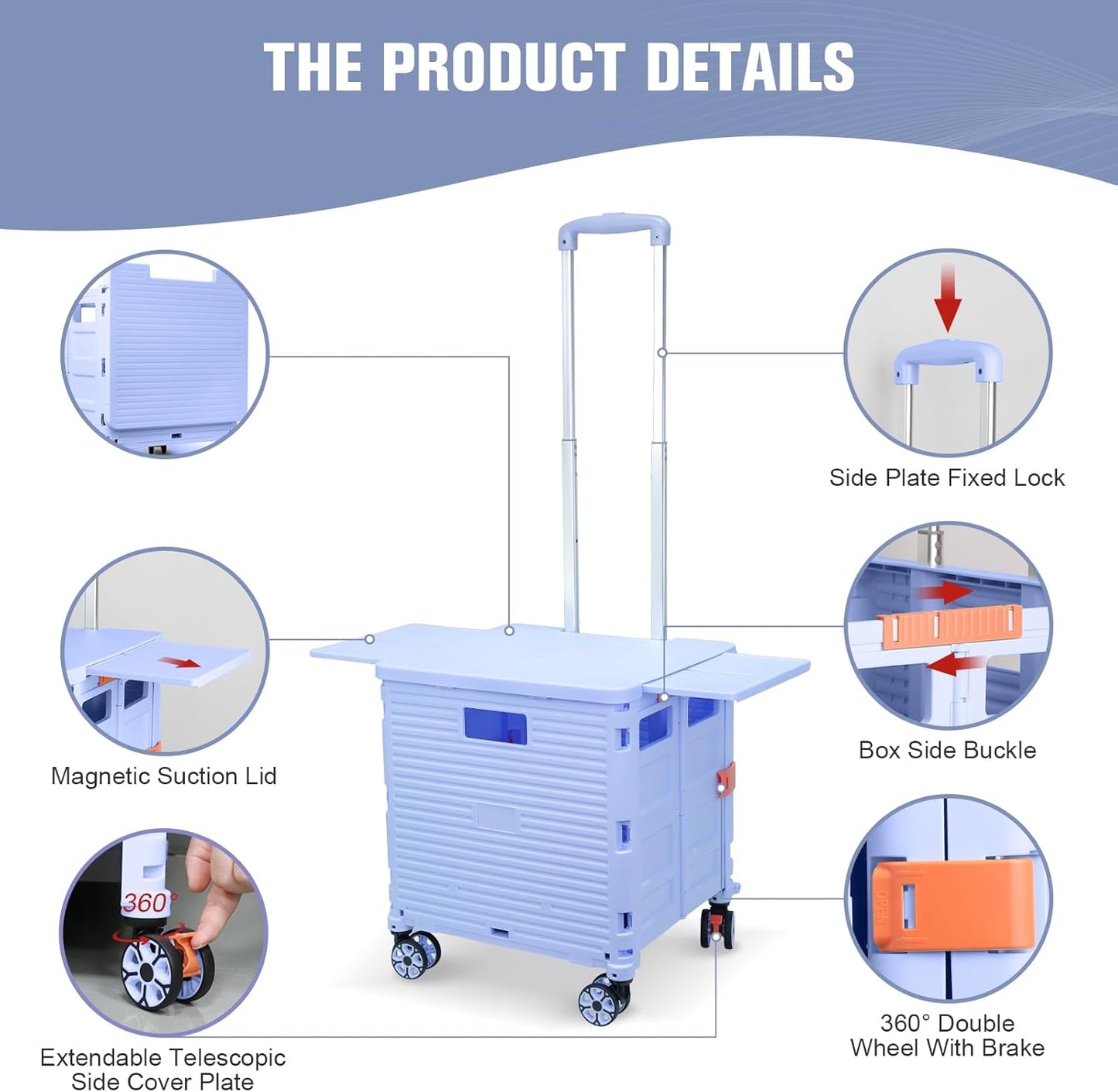 Foldable Utility Cart Folding Portable Rolling Crate Handcart Shopping Trolley Wheel Box with Lid Wear-Resistant Noiseless 360°Rotate Wheel for Travel Shopping Moving Storage Office Use (Yellow)