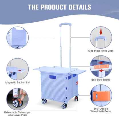 Foldable Utility Cart Folding Portable Rolling Crate Handcart Shopping Trolley Wheel Box with Lid Wear-Resistant Noiseless 360°Rotate Wheel for Travel Shopping Moving Storage Office Use (Yellow)