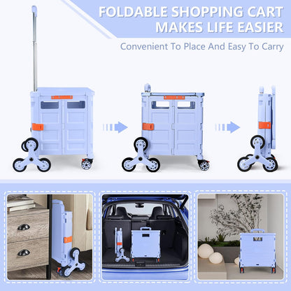 Foldable Utility Cart Folding Portable Rolling Crate Handcart Shopping Trolley Wheel Box with Lid Wear-Resistant Noiseless 360°Rotate Wheel for Travel Shopping Moving Storage Office Use (Yellow)