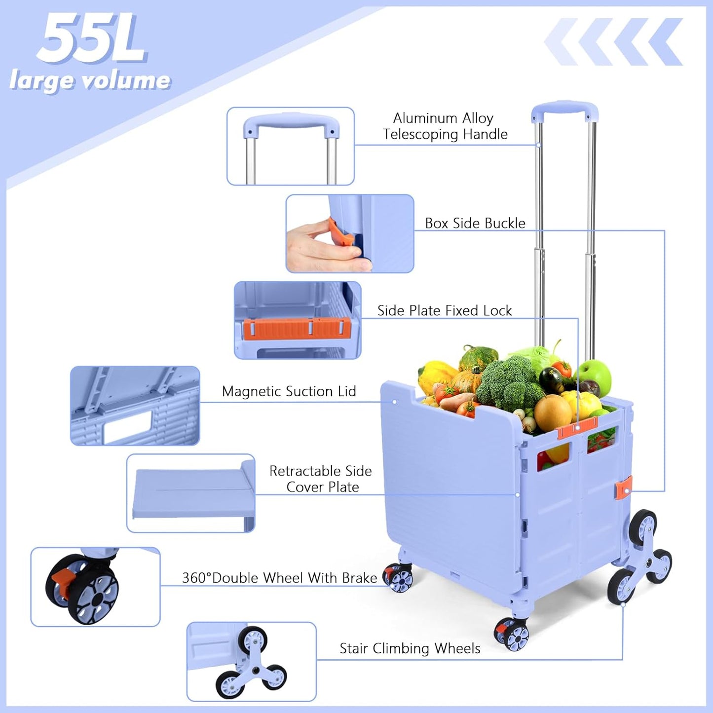 Foldable Utility Cart Folding Portable Rolling Crate Handcart Shopping Trolley Wheel Box with Lid Wear-Resistant Noiseless 360°Rotate Wheel for Travel Shopping Moving Storage Office Use (Yellow)